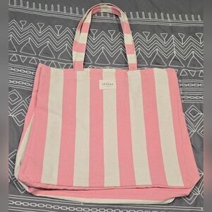 Sezane Pink And Cream Striped Logo Tote Bag